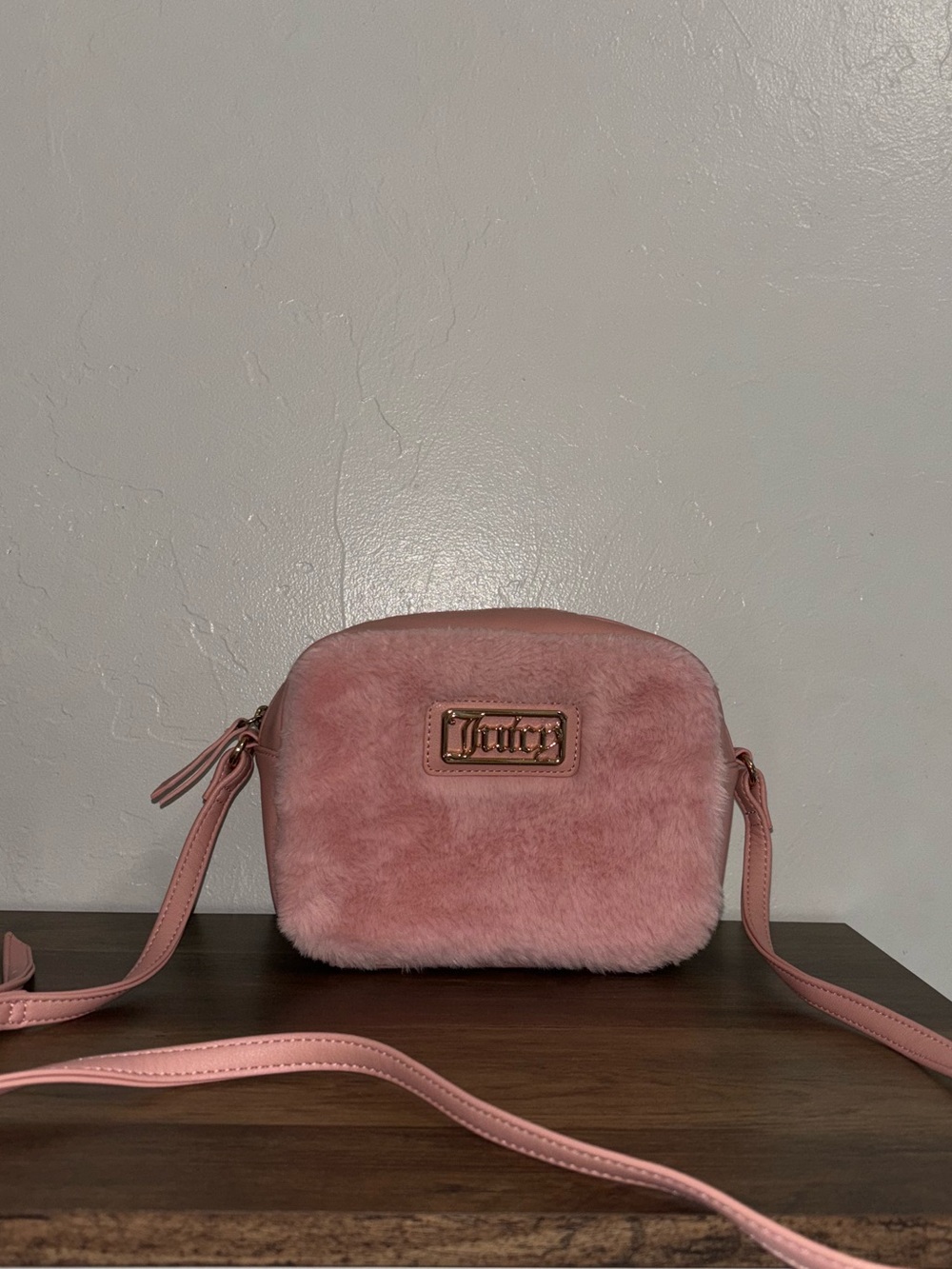 Juicy Couture Blush Pink Faux-Fur Crossbody Bag with Gold Logo